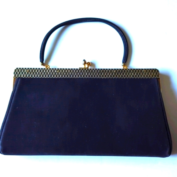 Vintage Black Satin Ande Clutch Purse Gold Embellishments across Top & Snap - Picture 2 of 8